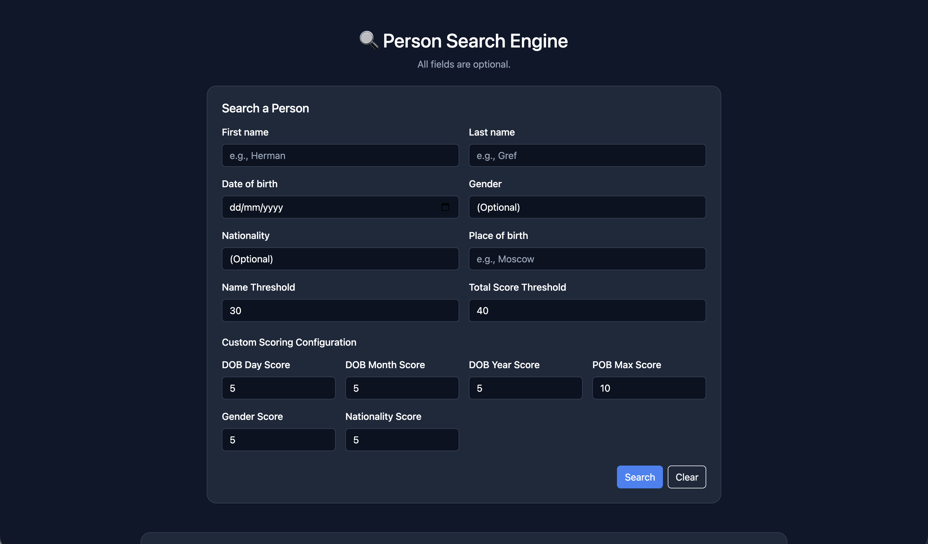 Erica Name Screener - Person Search Engine Interface